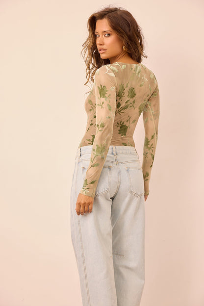 Petal Veil Flocking Mesh Bodysuit - Olive