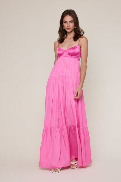 Blaire Pink Satin Tiered Maxi Dress