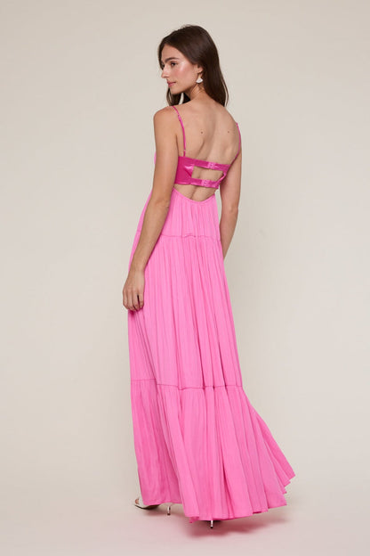 Blaire Pink Satin Tiered Maxi Dress