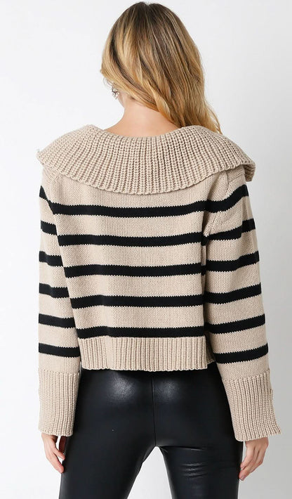 Addison Khaki and Black Striped Collared Sweater