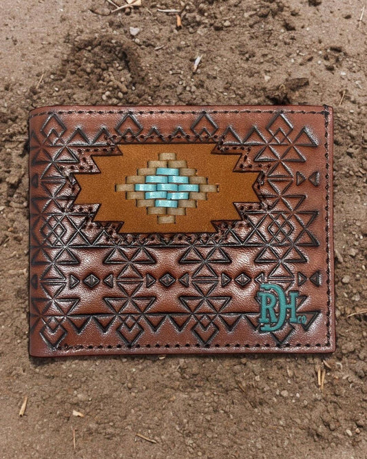 Red Dirt Hat Co. Brown Laced Southwest Medallion Leather Bi-Fold Wallet 23111881W10-Painted Cowgirl Western Store