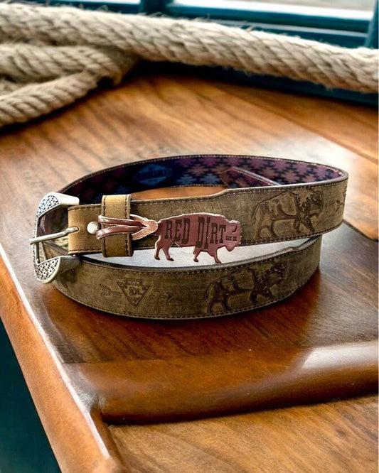 Red Dirt Hat Co. Men’s Oiled Leather Belt w/ Embossed Bison & Arrowheads Leather Belt 23133BE10-Painted Cowgirl Western Store
