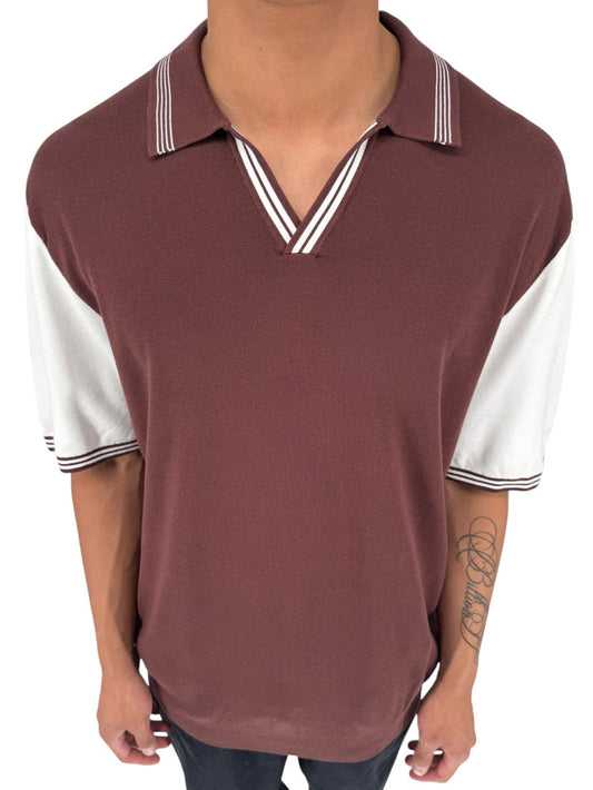 REISS Shark Knit Polo Shirt XXL Brown Ivory Modal Cotton Johnny Collar Men's