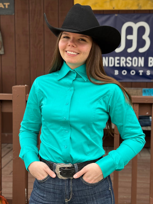 RHC Equestrian Women's Solid Turqouise Sateen Lycra Hidden Zipper Western Show Shirt 68520-T