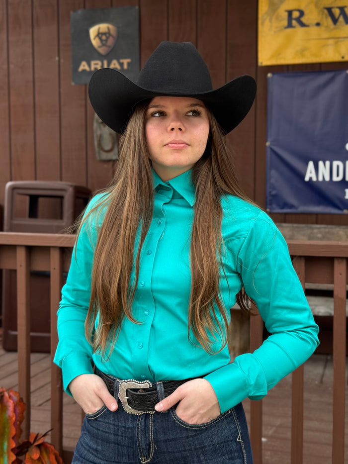 RHC Equestrian Women's Solid Turqouise Sateen Lycra Hidden Zipper Western Show Shirt 68520-T