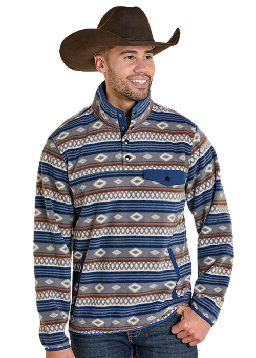 Rock and Roll Cowboy Men's Grey & Blue Aztec Stripe Print 1/4 Snap Fleece Pullover BM91T07719