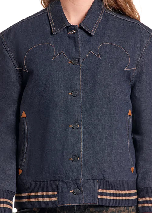 Rock and Roll Cowgirl Women's Denim Boot Stitch Embroidered Bomber Jacket BW92D09835