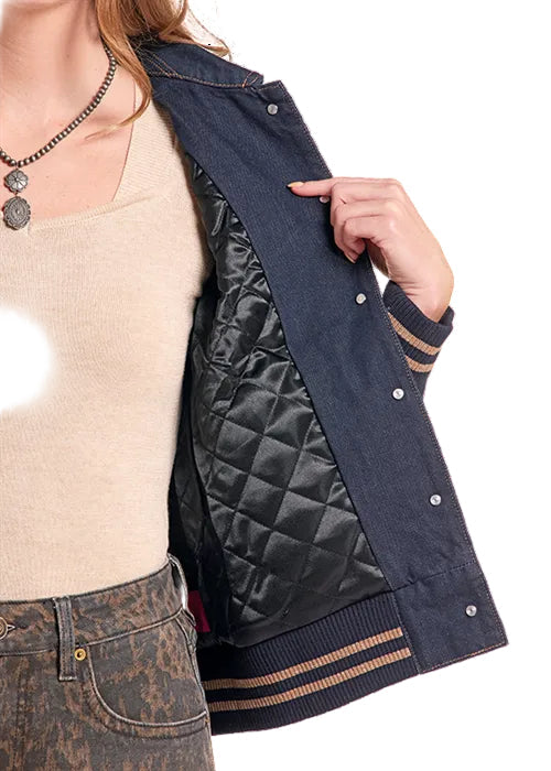 Rock and Roll Cowgirl Women's Denim Boot Stitch Embroidered Bomber Jacket BW92D09835