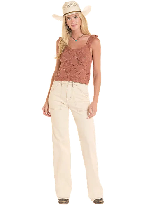 Rock and Roll Cowgirl Women's Dusty Rose Mauve Crochet Scoop Neck Cropped Tank Top BW20T08768