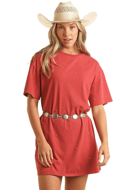 Rock and Roll Cowgirl Women's Red Rhinestone Studded Mini Tee Shirt Dress BWD1R03875-RED-Painted Cowgirl Western Store