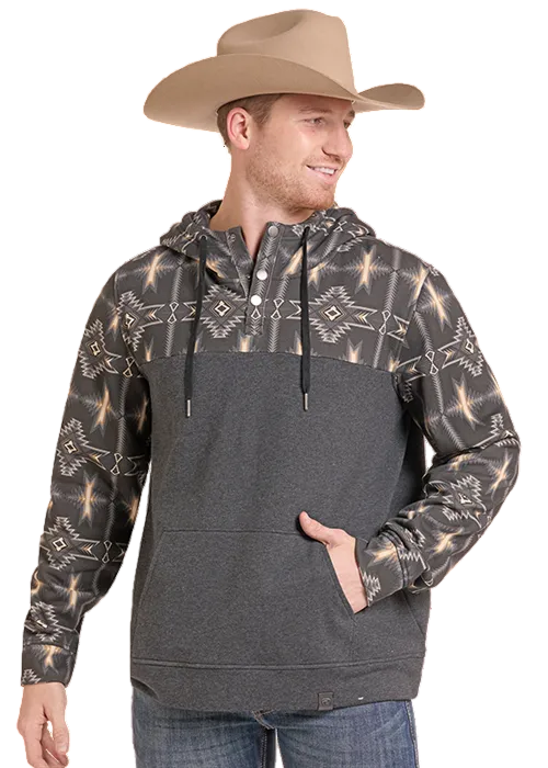 Rock & Roll Cowboy Men's Black Aztec Print 1/4 Snap Western Hoodie BM94T09626