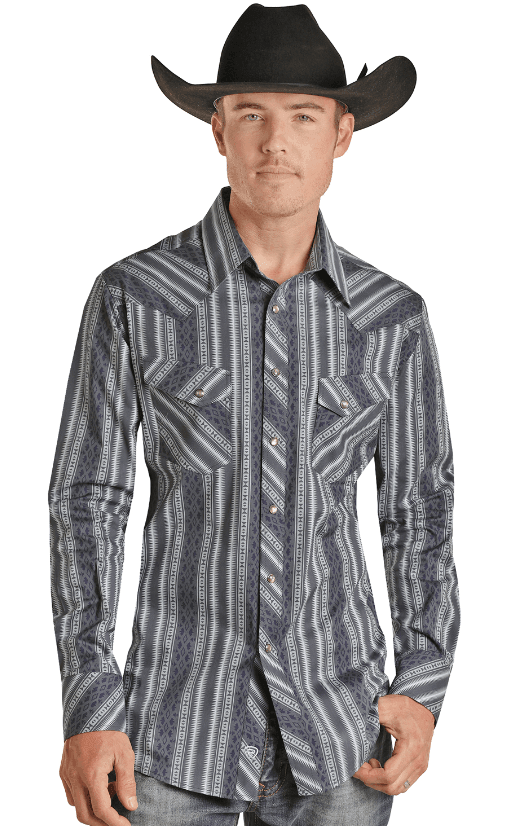Rock & Roll Cowboy Men's Blue Aztec Stripe Print Pearl Snap Long Sleeve Western Shirt RRMSOSR08V