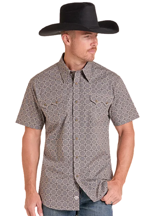 Rock & Roll Cowboy Men's Brown Medallion Modern Fit Pearl Snap Short Sleeve Western Shirt BMN3S09442