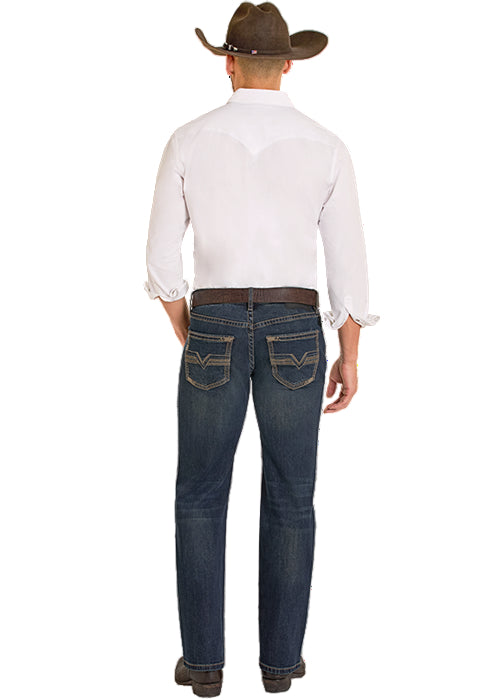 Rock & Roll Cowboy Men's Dark Vintage Two Tone Emblem Regular Fit Straight Boot Leg Jeans BM1PD08018