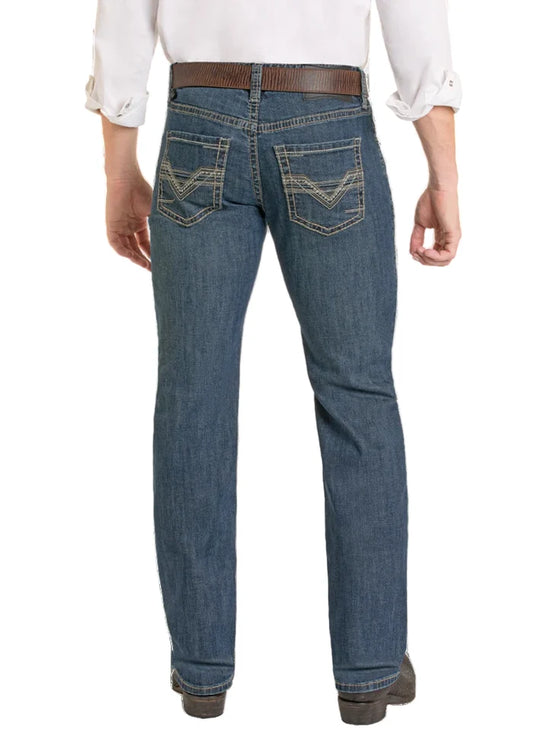 Rock & Roll Cowboy Men's Medium Wash Regular Fit Ladder Stackable Boot Cut Jeans BMSPD07356