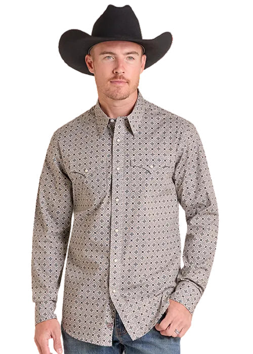 Rock & Roll Cowboy Men's Teal Medallion Modern Fit Pearl Snap Long Sleeve Western Shirt BMN2S09431