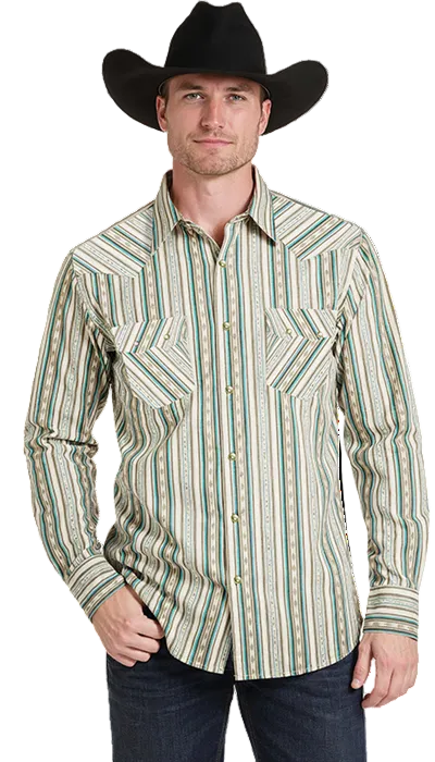 Rock & Roll Cowboy Men's Teal Stripe Modern Fit Pearl Snap Long Sleeve Western Shirt BMN2S09429