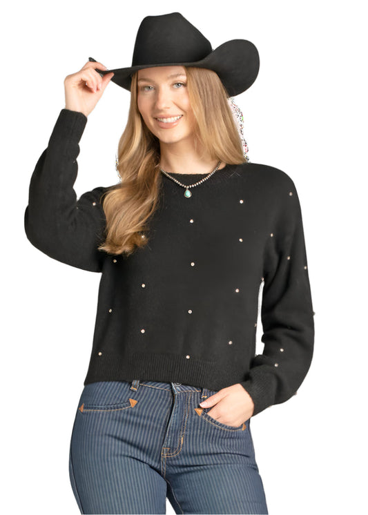 Rock & Roll Cowgirl Black Rhinestone Embellished Knit Cropped Long Sleeve Sweater BW32T06948