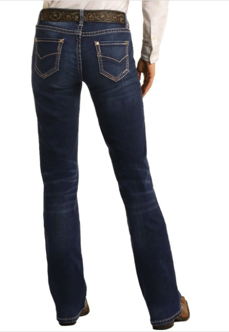 Rock & Roll Cowgirl Junior's Mid Rise Dark Wash Stretch Riding Bootcut Jeans W7-4166-Painted Cowgirl Western Store