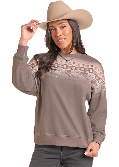 Rock & Roll Cowgirl Light Chocolate Taupe Cowboy Aztec Border Sweatshirt BW91T09375