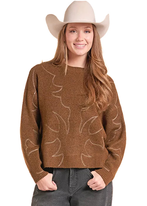 Rock & Roll Cowgirl Rust Boot Stitch Embroidered Sweater BW32T09400