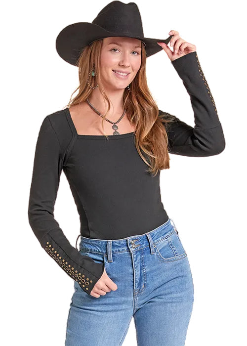 Rock & Roll Cowgirl Women's Black Grommet Long Sleeve Top BW22T09384