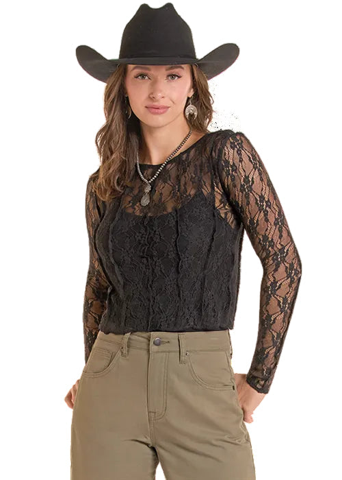 Rock & Roll Cowgirl Women's Black Lace Long Sleeve Mesh Top BW22T09376-BLK