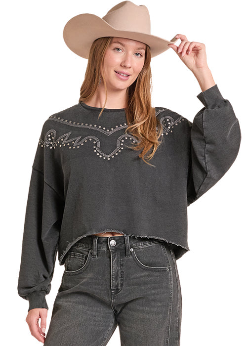 Rock & Roll Cowgirl Women's Black Studded Cropped Sweatshirt BW91T09359