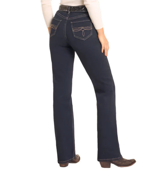 Rock & Roll Cowgirl Women's Dark Wash Bootstitch High Rise Modest Bootcut Jeans BW4HD04764