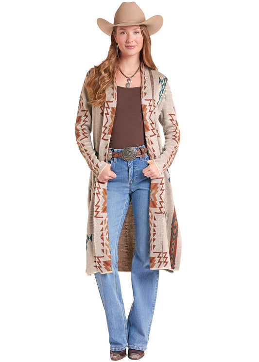 Rock & Roll Cowgirl Women's Natural Aztec Print Sweater Cardigan Duster BW95T09737