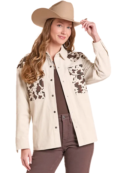 Rock & Roll Cowgirl Women's Natural Cow Print Corduroy Shirt Jacket BWN2S09388