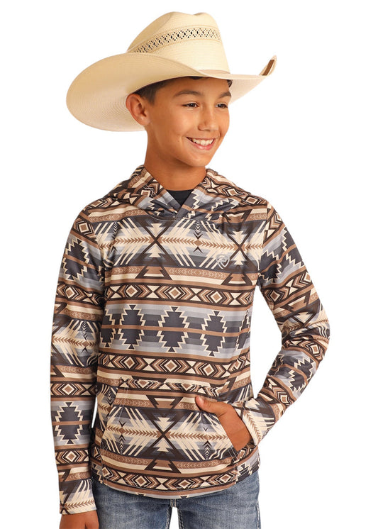 Rock & Roll Denim Boy's Brown Aztec Striped Performance Hoodie BB94T05975-Painted Cowgirl Western Store
