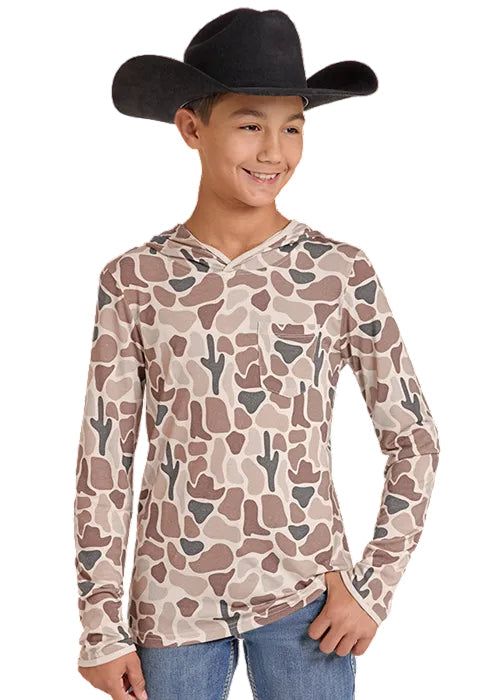 Rock & Roll Denim Boy's Tan Camo Print Long Sleeve Lite Hoodie Tee BB22T09614