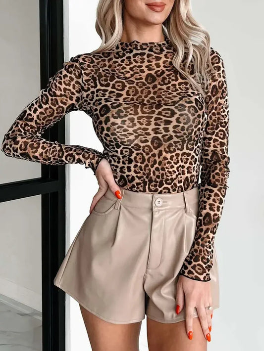 Rosa Leopard Print Round Neck Long Sleeve Mesh Top RCJW04539
