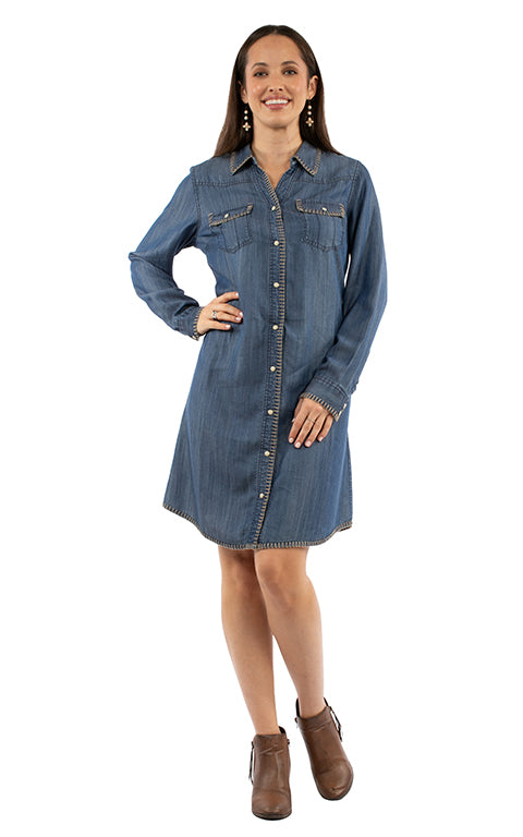 Scully Honey Creek Women’s Denim Whipstitch Pearl Snap Shirt Dress HC994-BLU