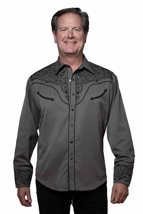 Scully Men's Charcoal Grey Embroidered Pearl Snap Long Sleeve Western Shirt P-936-CHAR