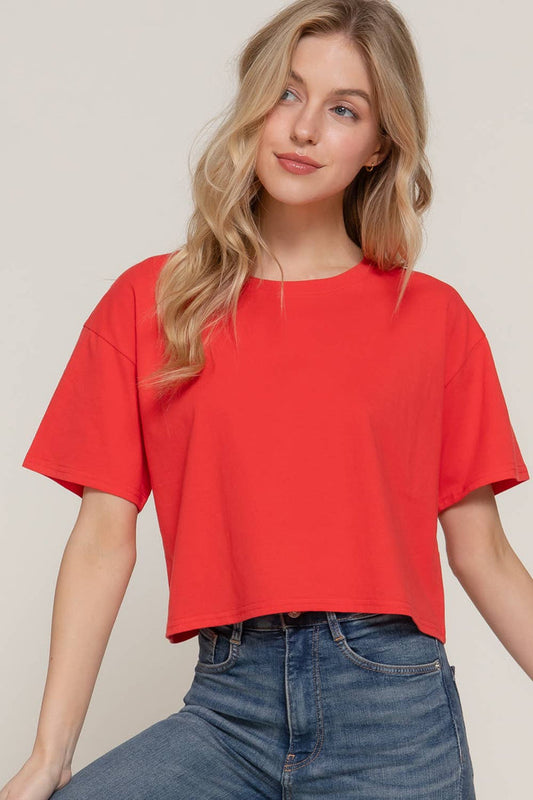 Short Sleeve Crew Neck Oversize Crop Cotton Knit Tee