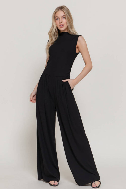 Sleeveless High Neck Pleated Rib Jumpsuit