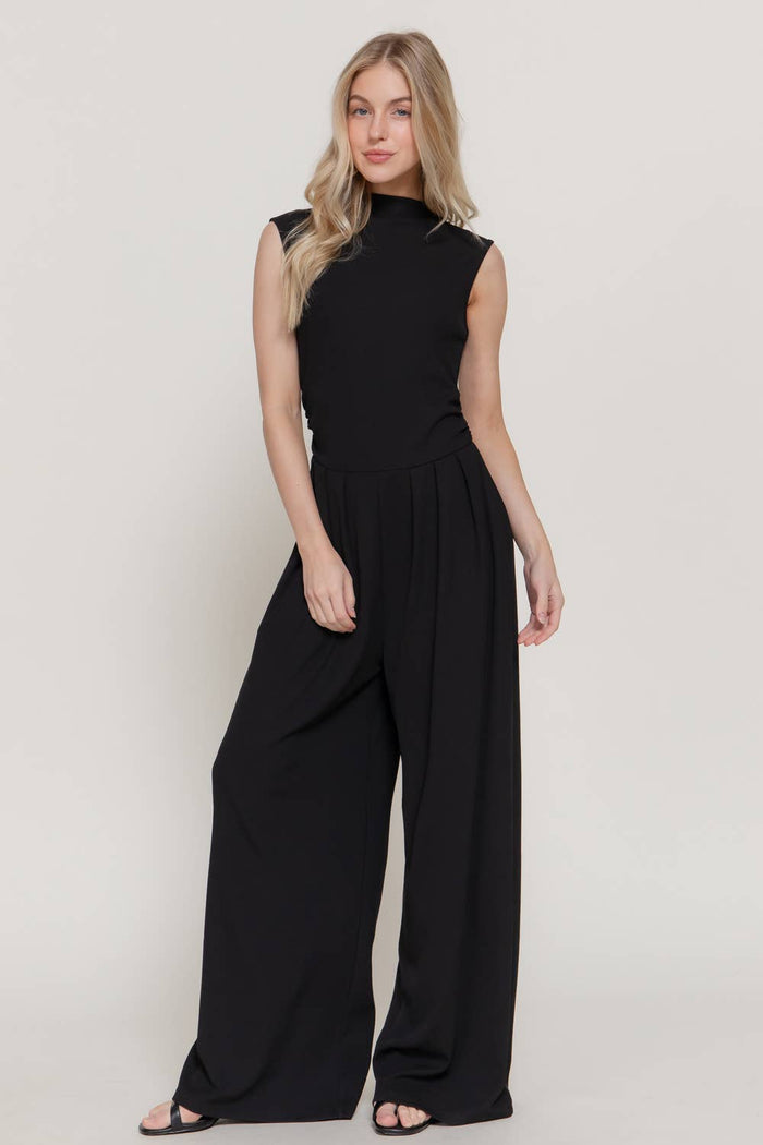 Sleeveless High Neck Pleated Rib Jumpsuit