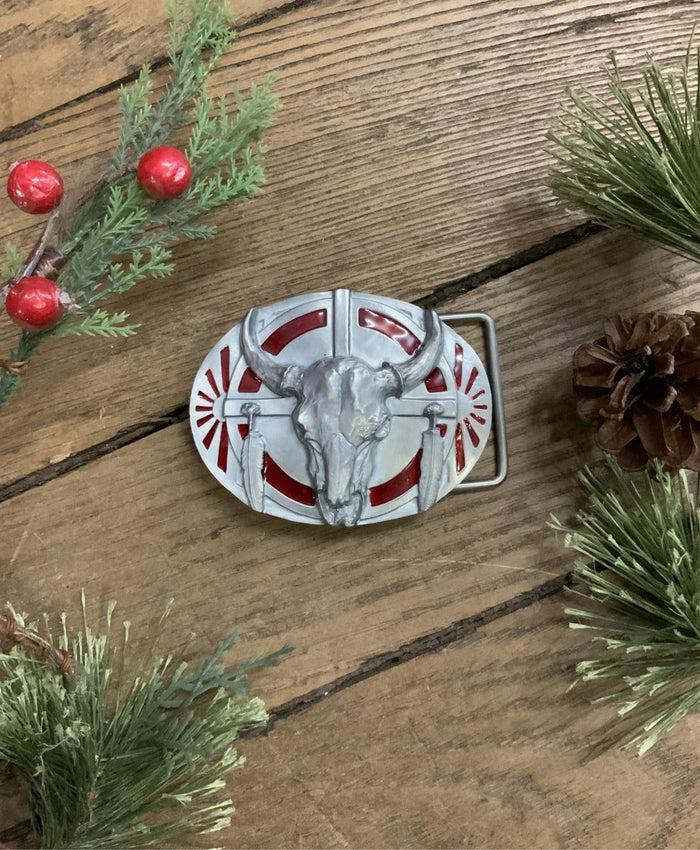Steer Skull Belt Buckle with Red Enamel U-40-Painted Cowgirl Western Store