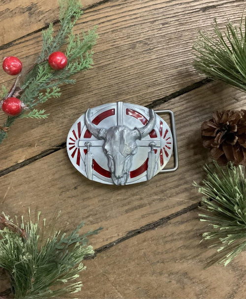 Steer Skull Belt Buckle with Red Enamel U-40-Painted Cowgirl Western Store