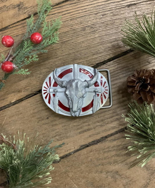 Steer Skull Belt Buckle with Red Enamel U-40-Painted Cowgirl Western Store
