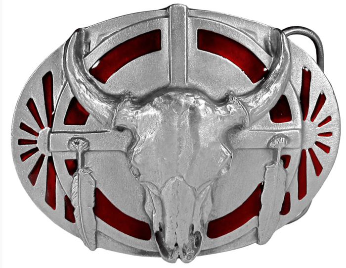 Steer Skull Belt Buckle with Red Enamel U-40