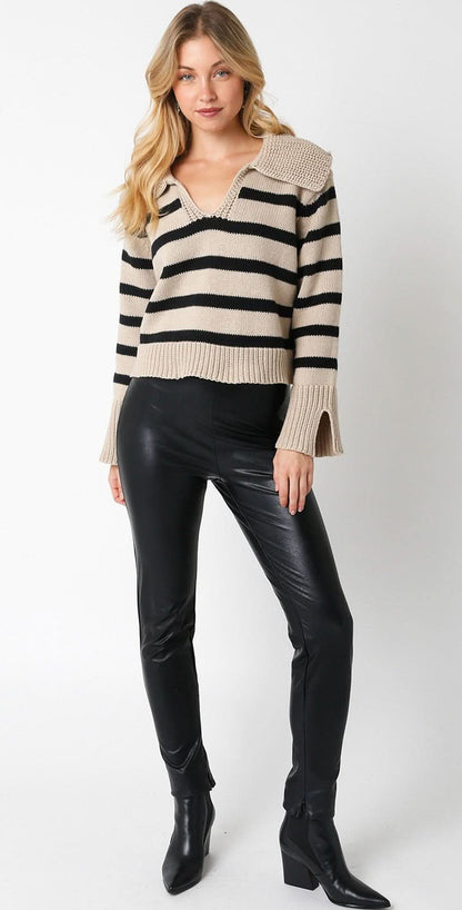 Addison Khaki and Black Striped Collared Sweater