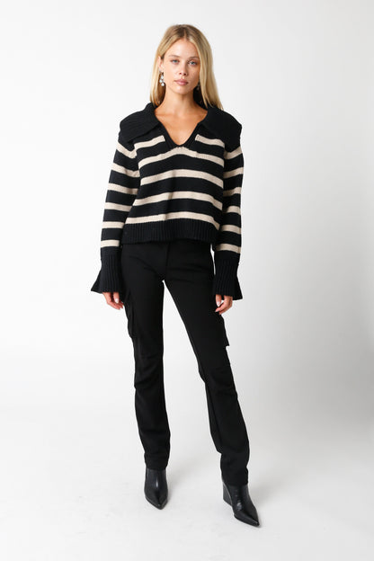 Addison Black and Khaki Striped Collared Sweater