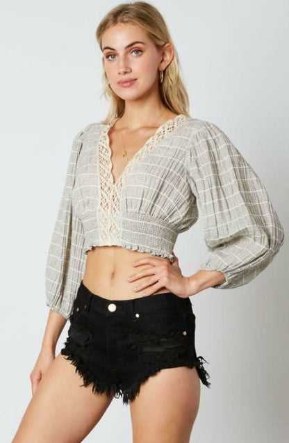 Lola Beige and Black Striped Lace Crop Top