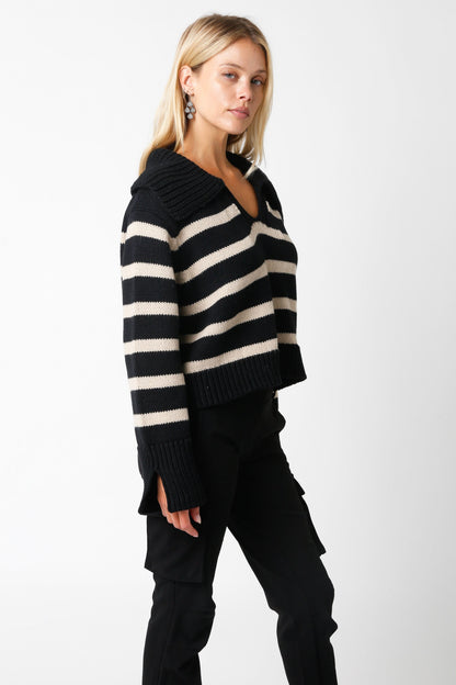 Addison Black and Khaki Striped Collared Sweater