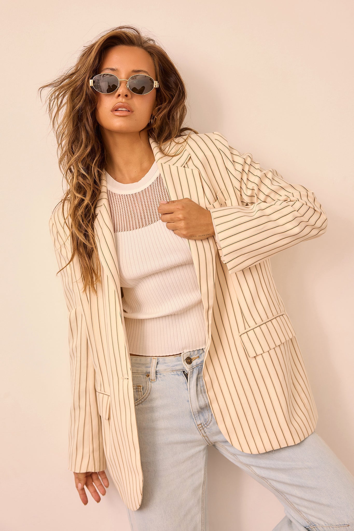 Strut With Style Woven Blazer - Cream Stripe