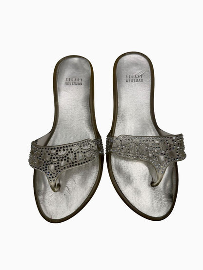 Stuart Weitzman Crystal Jelly Thong Sandals Silver Clear Rhinestone Slides Women's 9