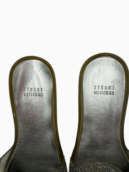 Stuart Weitzman Crystal Jelly Thong Sandals Silver Clear Rhinestone Slides Women's 9